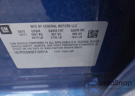 2012 Chevrolet Cruze Ls from USA, damaged, VIN 1G1PC5SH9C7192514